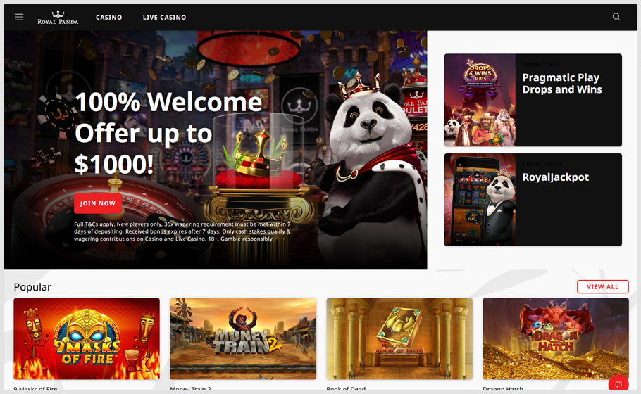 Royal Panda Casino - Bonuses, Games, & Pros/Cons
